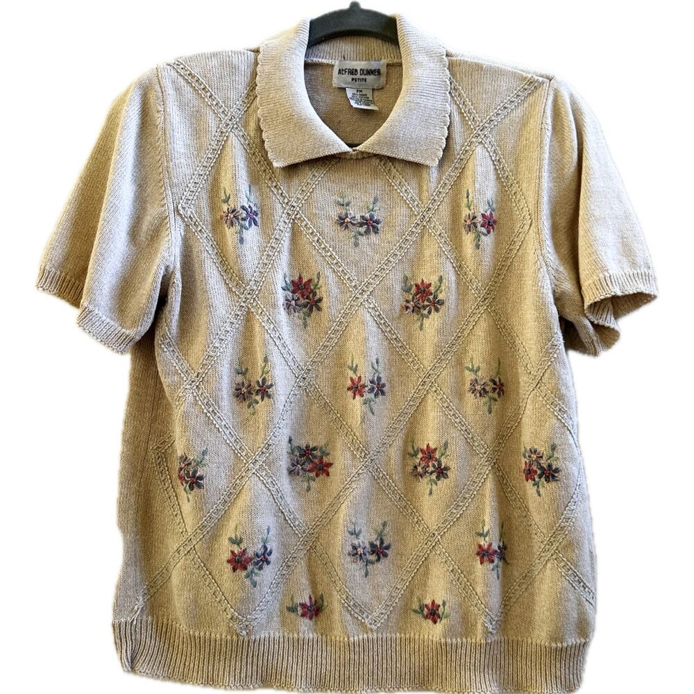 Alfred Dunner Floral Embroidered Knit Polo Sweater Petite M